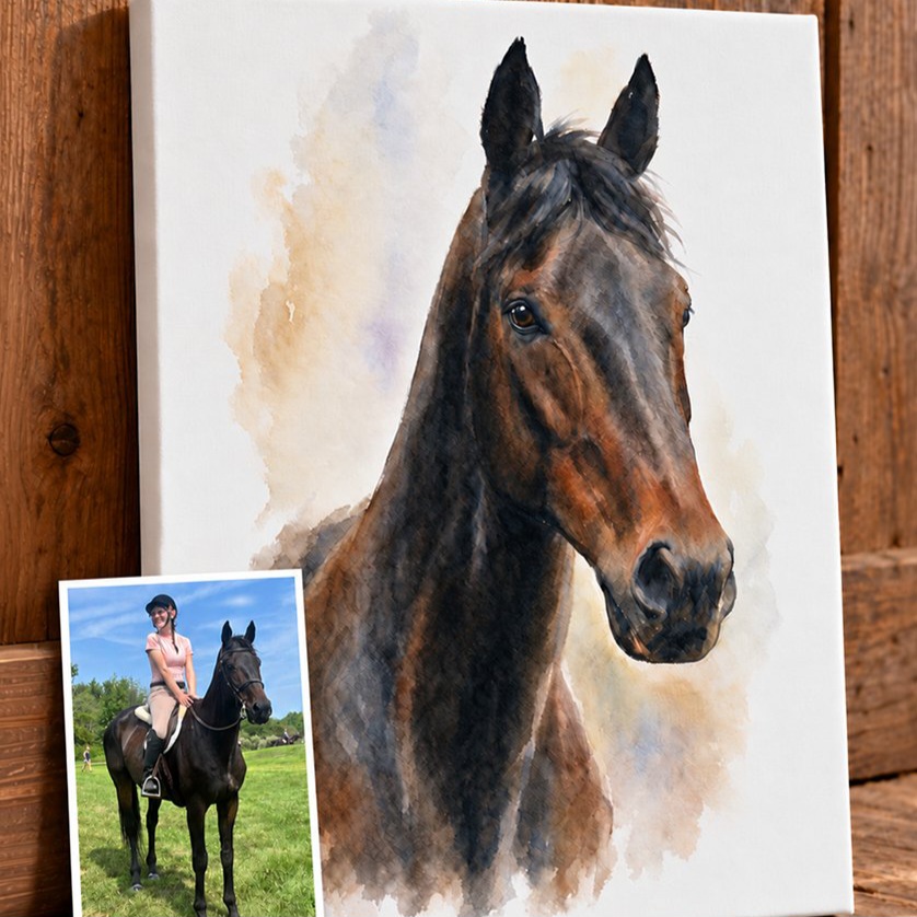 The watercolor-style portrait made from that photo, on canvas beside the original photo.