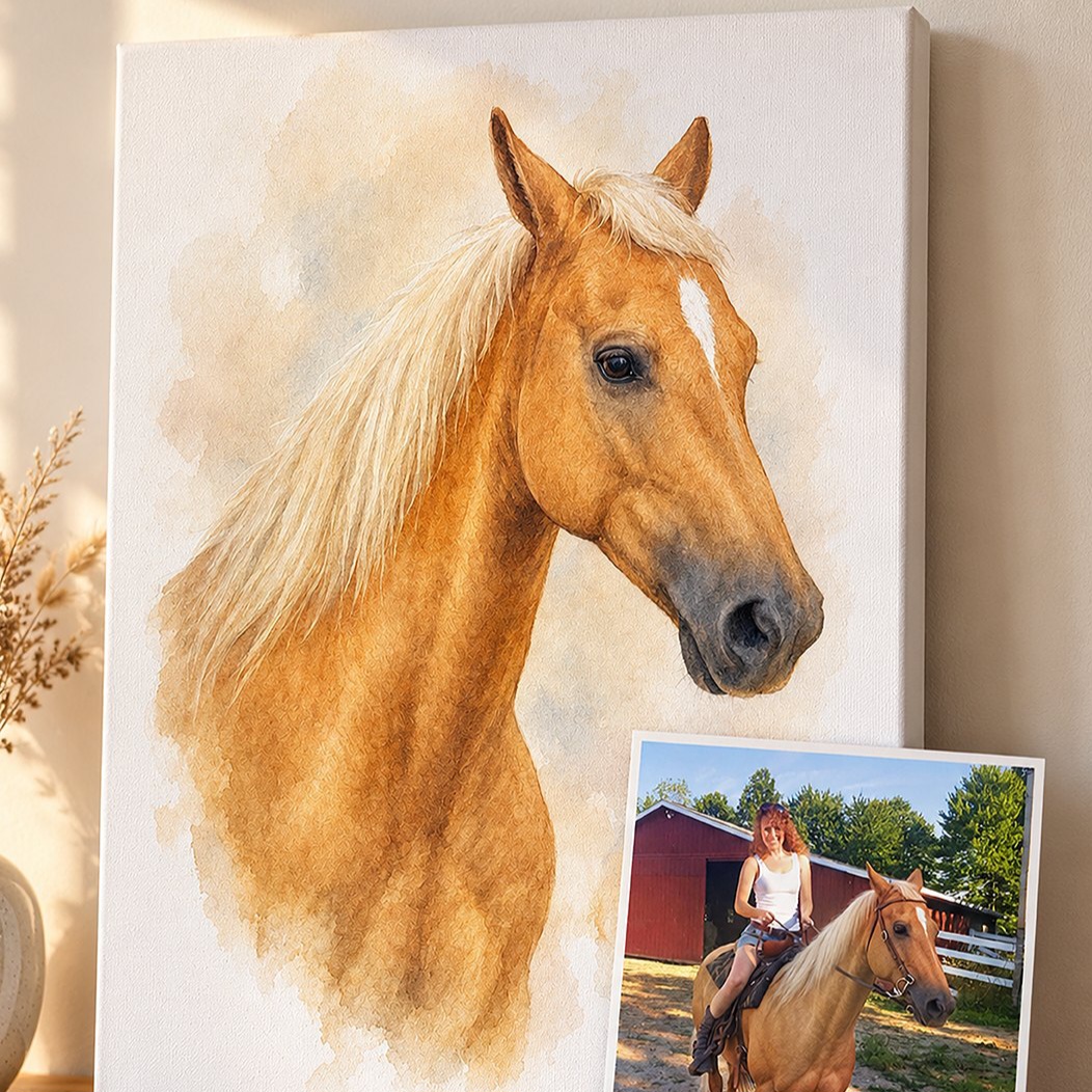 The watercolor-style portrait made from that photo, on canvas beside the original photo.