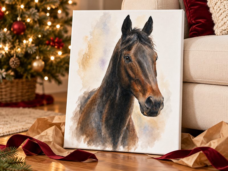 Illustrative holiday gift scene with a bay horse portrait on canvas.