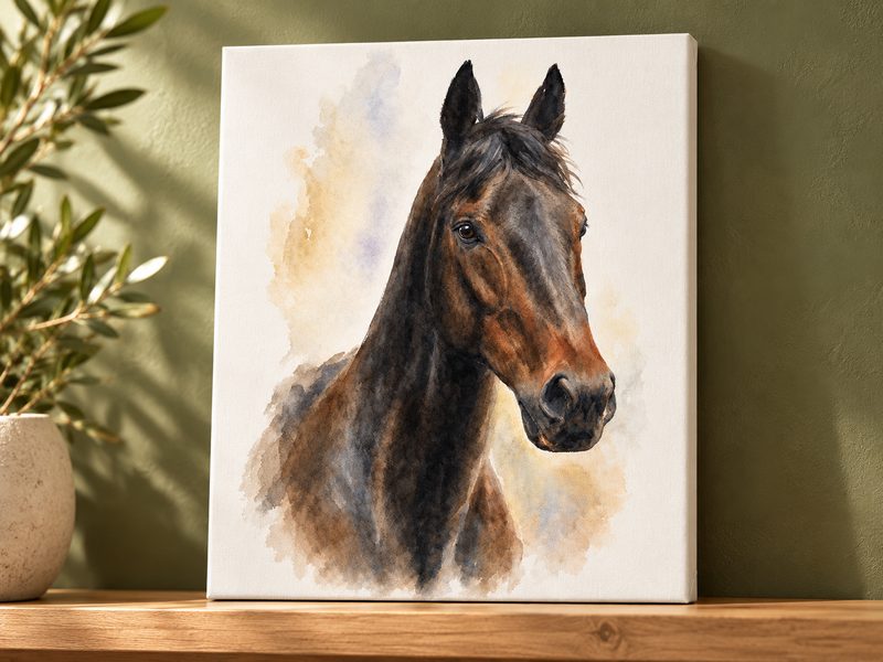 Mockup of a bay horse watercolor-style portrait on a gallery canvas.