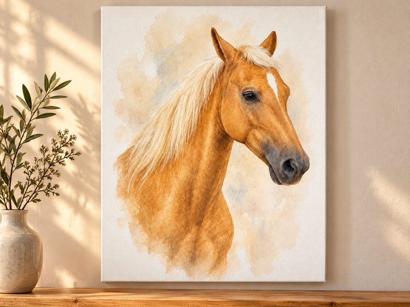 Illustrative palomino horse canvas displayed above an oak console.